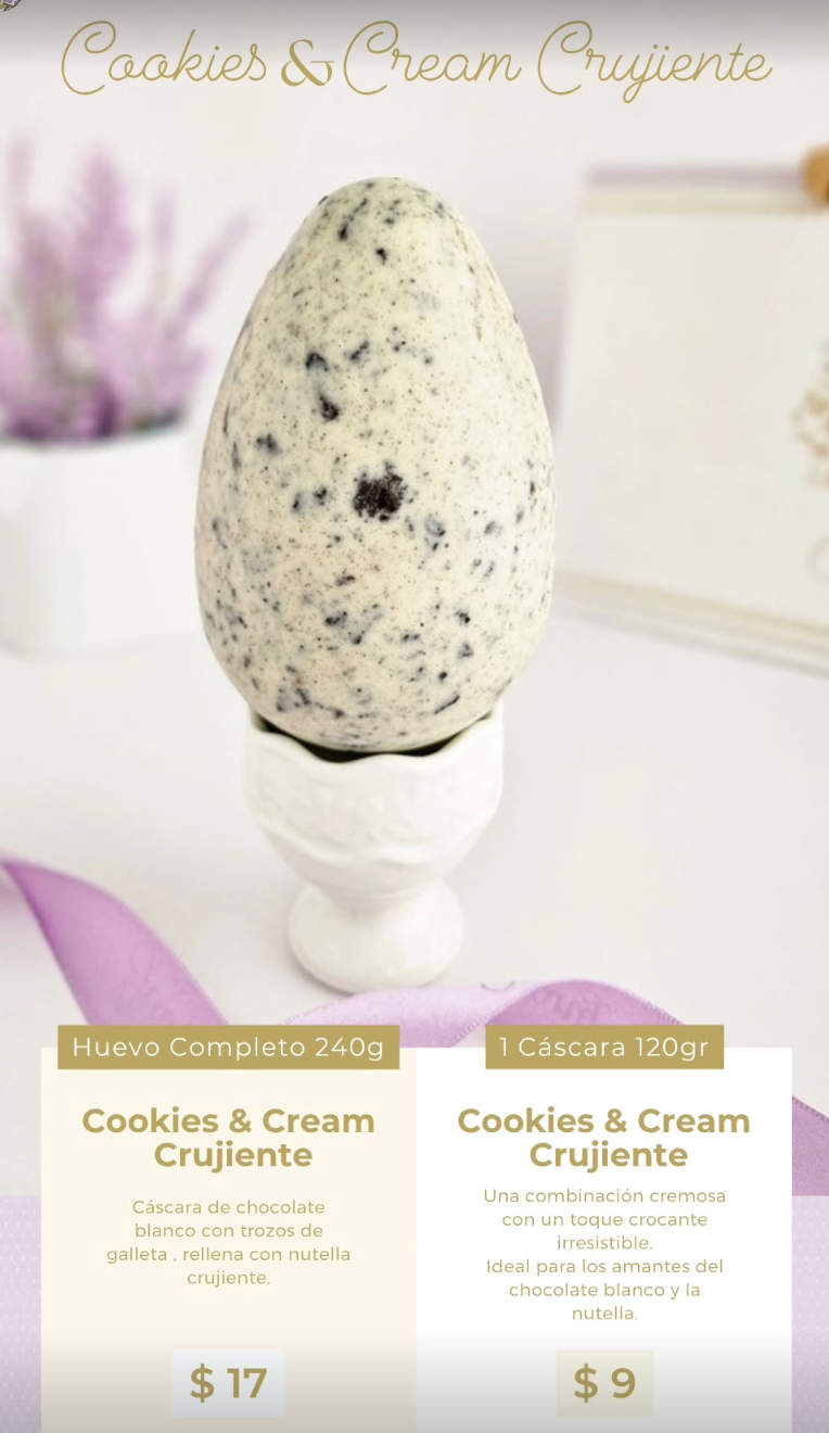 Cookies and cream chocolate egg with crunchy Nutella filling