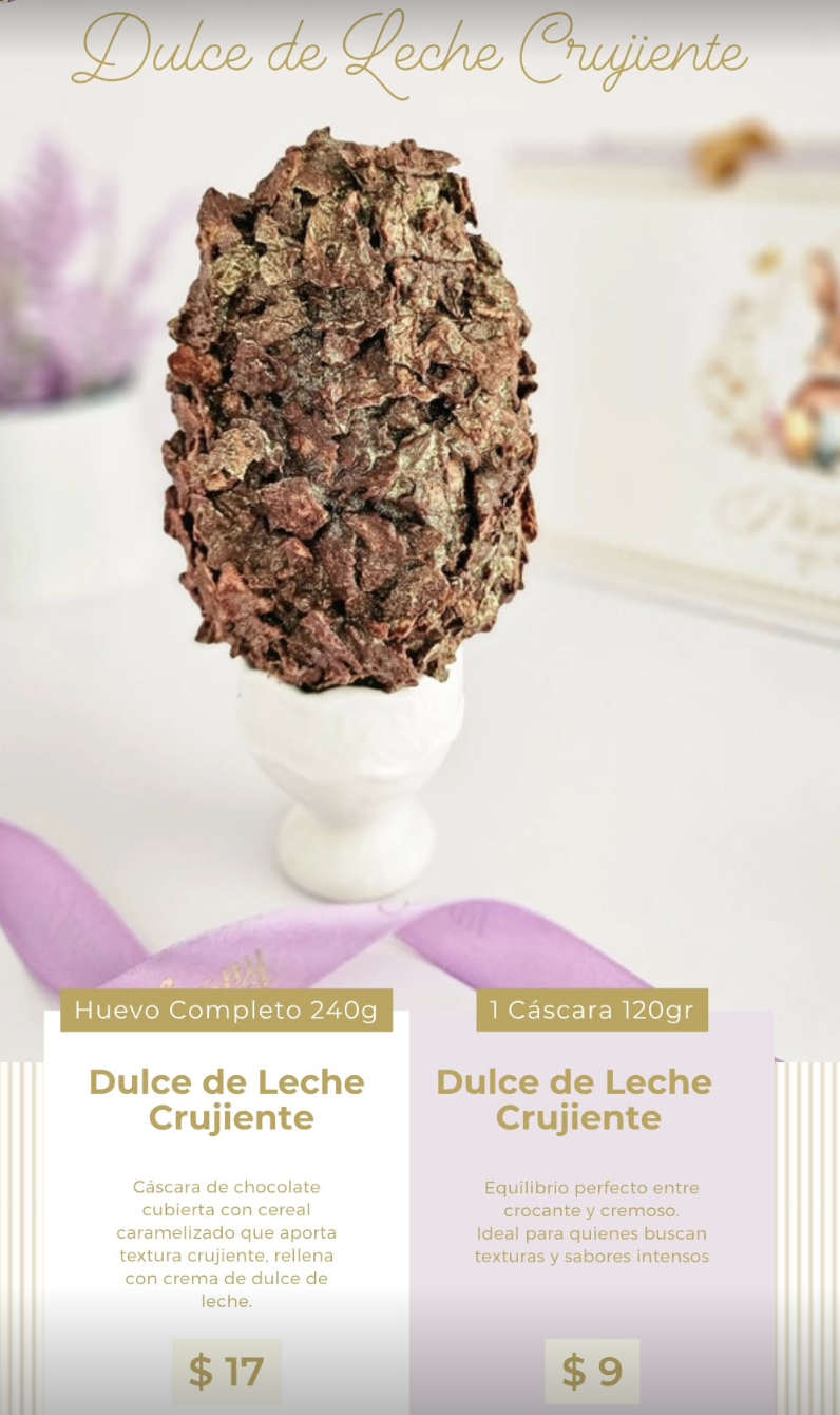 Dulce de leche chocolate egg with caramelized cereal shell