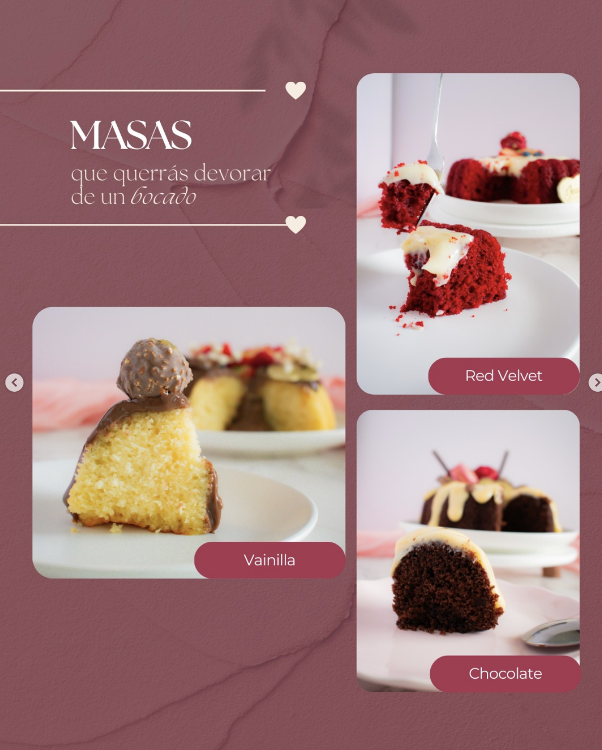 Vanilla, red velvet, and chocolate cake flavor options from Jeany Cake